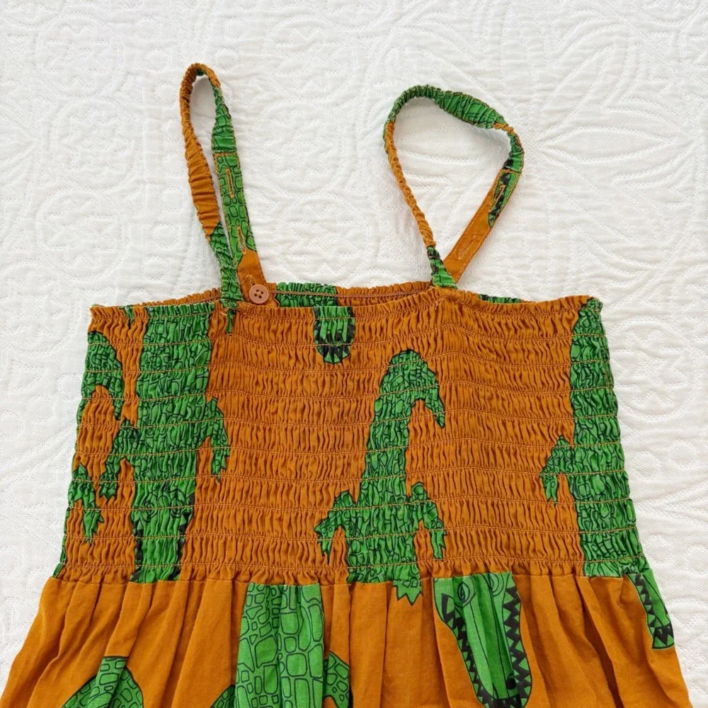 Mini Rodini Girls' Smocked Sun Dress, Crocodile Print Sz 128-134, 7-9Yrs